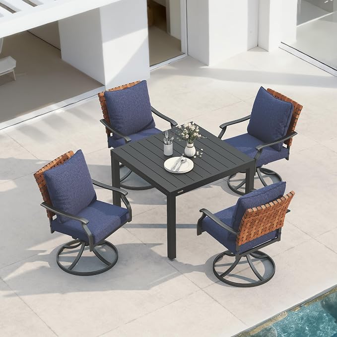Grand patio 5-Piece Outdoor Dining Set, 4 Leather-Look Wicker Blue Swivel Patio Chairs & 1 Expandable Dining Table, Black by GrandPatio