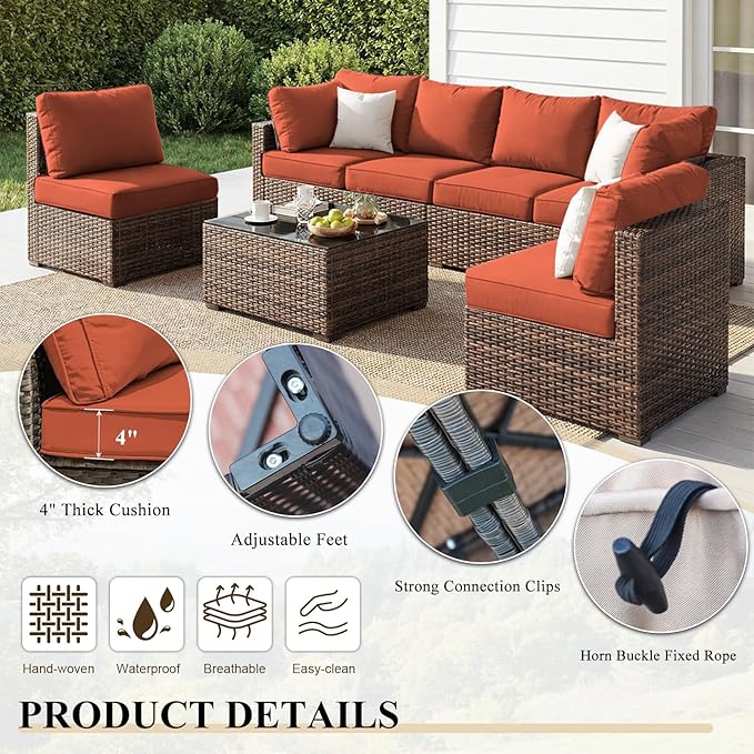 5 Piece Patio Furniture Set All Weather PE Rattan Outdoor Sectional Sofa Couch with No-Slip Cushions and Glass Top Table for Garden, Poolside, Backyard (Red)