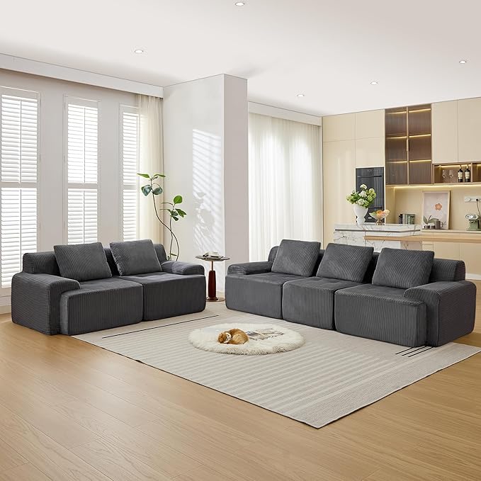 Modular Sectional Sofa, 6 Seat Modular Couch, Modular Sofa with Deep Seat and Detachable Pillow (Grey, Rowshape 2 Side)