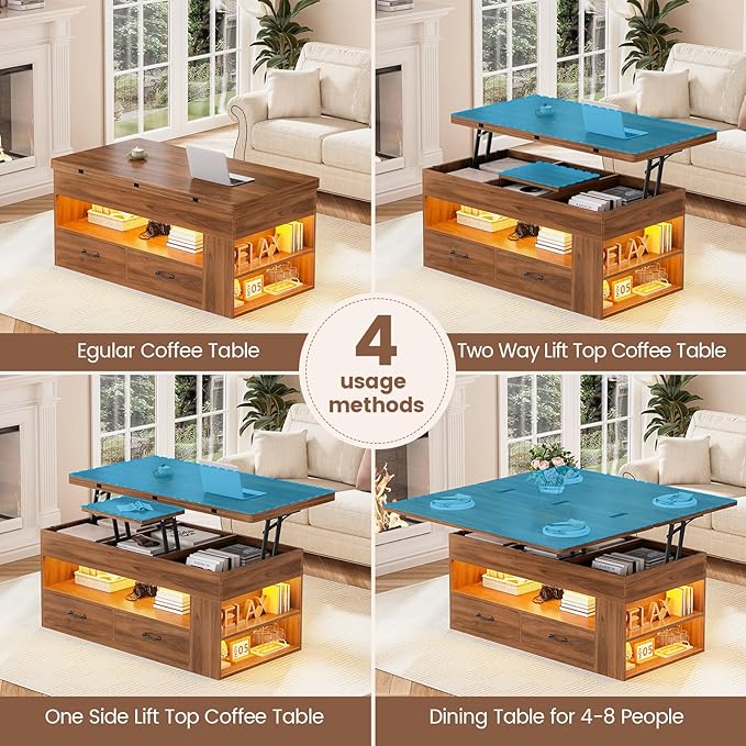 Itaar Lift Top Coffee Table, 4 in 1 Coffee Tables with Storage and Hidden Compartment, Farmhouse Coffee Table with 2 Fabric Drawers & LED Light for Living Room, Brown