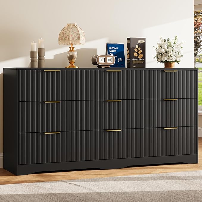 9 Drawer Dresser and Nightstand Sets for Bedroom, Modern Fluted 3 Pcs Bedroom Dresser Furniture Sets, Wood Chest of Drawers and Nightstand Set of 2 with Metal Handles, Black