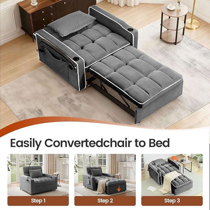 Sleeper Chair, Convertible Pull Out Chair Sleeper with Bracket and Cup Holder, Chairs Bed Sleepers for Adults, 3 in 1 Sofa Bed Chairs for Small Spaces, Living Room, Gray
