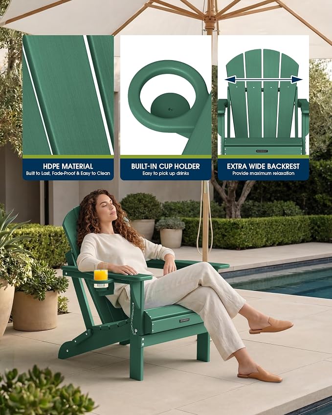 MUCHENGHY Folding Adirondack Chairs Set of 2, Patio Chairs, Lawn Chairs, Outdoor Chairs, Adirondack Chair Plastic, Fire Pit Chairs, Weather Resistant with Cup Holder for Deck, Backyard, Garden(Green) - Image 8
