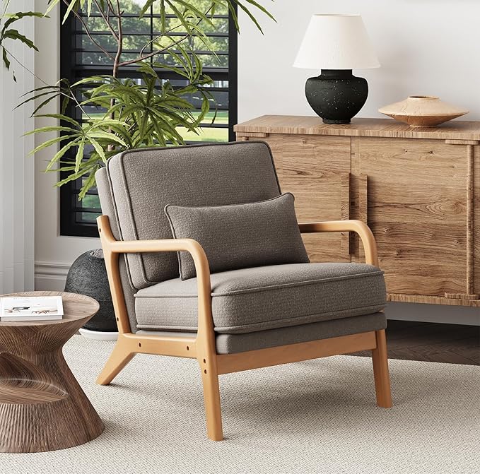 MALOL Accent Chair with Solid Wood Frame, Mid-Century Relaxing Armchair Lumbar Pillow& Soft Cushion, Reading Leisure Chair for Living Room, Bedroom, Waiting Room-Grey