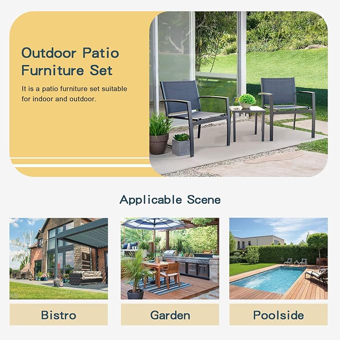 Homall 3 Pieces Patio Furniture Set Outdoor Patio Conversation Textilene Bistro Set Modern Porch Lawn Chairs with Coffee Table for Home and Balcony (Black) - Image 3
