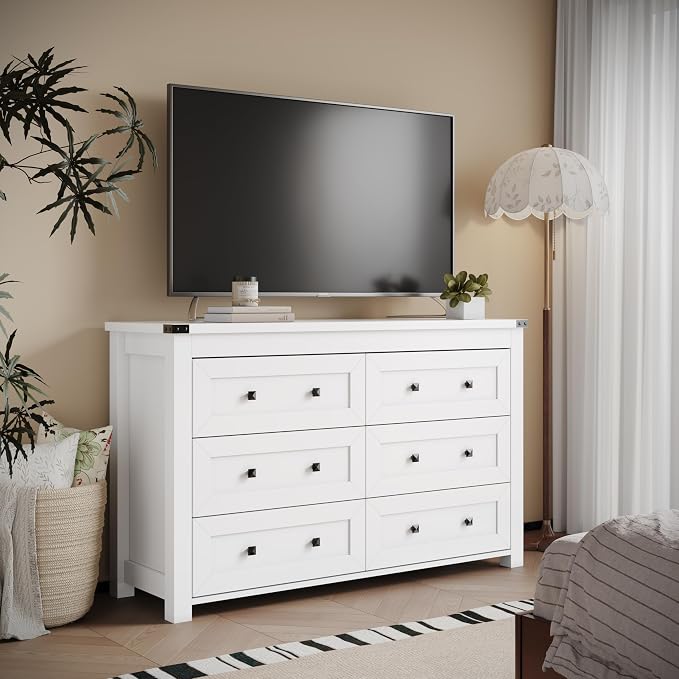 Dresser for Bedroom with 6 Drawers, Farmhouse Wood Chest of Drawers, Wide TV Stand Closet Storage Furniture with Metal Handle, Modern Clothes Organizer for Hallway, Living Room, Entryway, White - Image 6