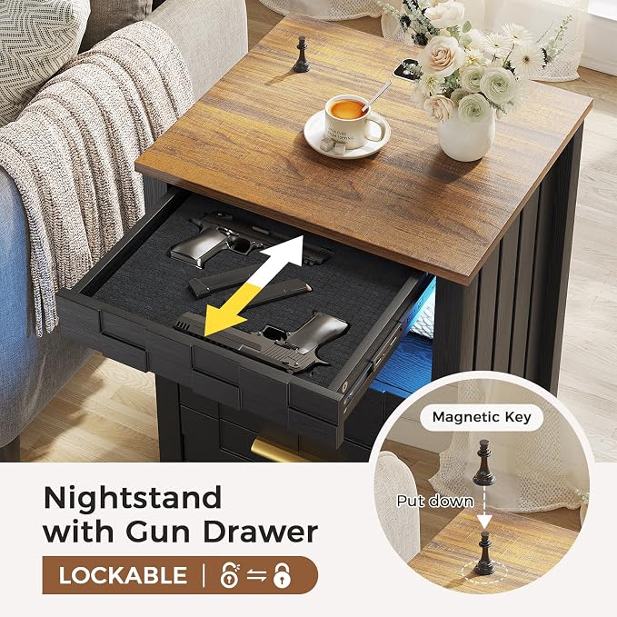 Dystler Night Stand Set of 2 with Charging Station - Bedside Table with Gun Drawer and 2 Drawers, Smart Side Table with 3-Color Human Sensor LED Lights for Bedroom, Black - Image 5