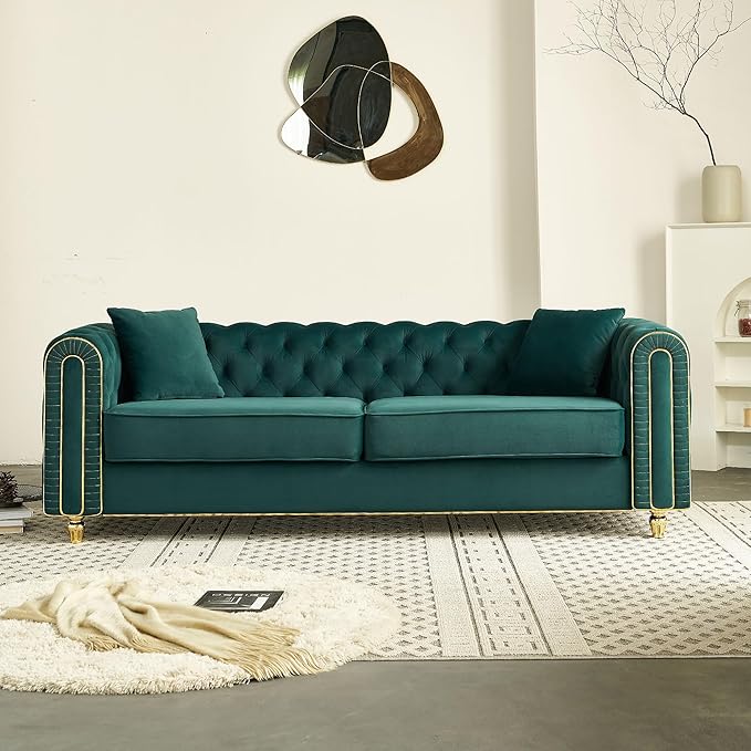 KEIKI 86" Chesterfield Velvet Button Tufted Sofa with High Density Foam Cushions and 2 Toss Pillows, Modern Style 3-Seater Couch with Gold Strip Trim Decoration, Easy Assembly, for Living Room, Green