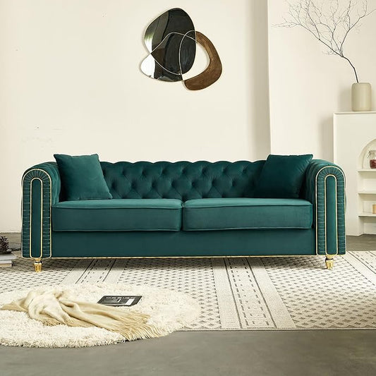 KEIKI 86" Chesterfield Velvet Button Tufted Sofa with High Density Foam Cushions and 2 Toss Pillows, Modern Style 3-Seater Couch with Gold Strip Trim Decoration, Easy Assembly, for Living Room, Green