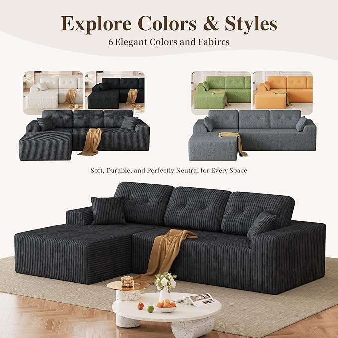 Ball & Cast 106" Boneless Sectional Sofa, Corduroy Modular L Shaped Couch with Deep Seat Chaise, Cloud Style Oversized Sofa for Living Room, No Assembly, Right Facing,Grey