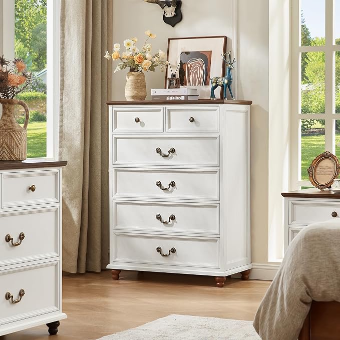 Joaxswe Farmhouse 6 Drawer Dresser Set of 2 for Bedroom, 42" Tall Rustic Chests of Drawers w/ 4 Solid Wood Feet, Mid Century Vintage Wooden Closet Storage Dressers Organizer for Living Room,White - Image 8