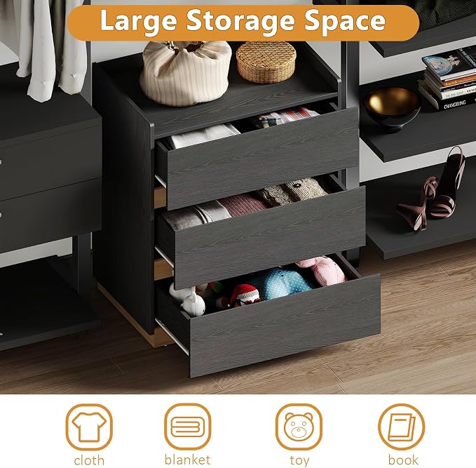 Large Modern Nightstand Black Bedside Table, 3 Drawer Dresser Wood Stackable Storage Drawers for Clothes for Closet, Bedroom, 24"x16"x29" - Image 5