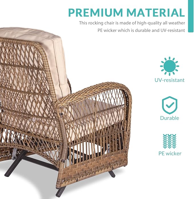 MEETWARM Patio Wicker Rocking Glider Set, All-Weather Outdoor Rattan Patio Rocking Chairs of 2, Patio Conversation Set with Thickened Cushions for Porch Garden & Backyard, Brown
