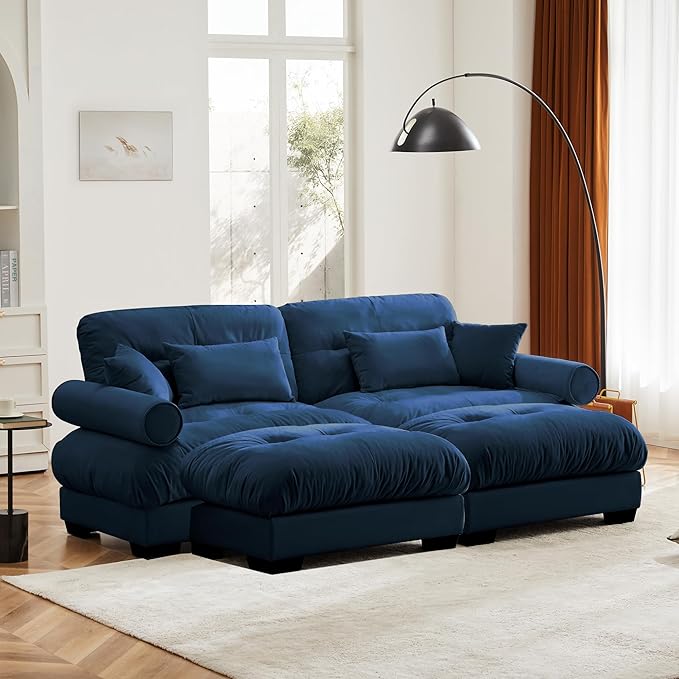 KEIKI 94" Oversized Velvet Modular Sectional Loveseat Sofa with 2 Ottoman, High-Density Foam Cushions and Bolstered Armrests, Upholstered 2-Seater Cloud Couch with 4 Pillow, for Living Room, Blue