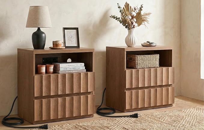 VividVibe Wide Fluted Nightstand Set of 2 with Charging Station, Side Table with Discreet Rear Cord Cutouts, 2 Drawers Wooden Modern Organic End Table Bedside Table for Bedroom Home Office Amber Oak by Unknown