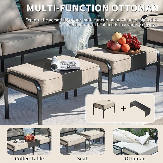 7 Piece Patio Furniture Set, Metal Patio Conversation Set with 1x3 Seater Sofa & 2xFixed Chairs & 2xSwivel Chairs & 2xOttomans, 5.75'' Extra Thick Cushion for Lawn Garden Backyard, Beige