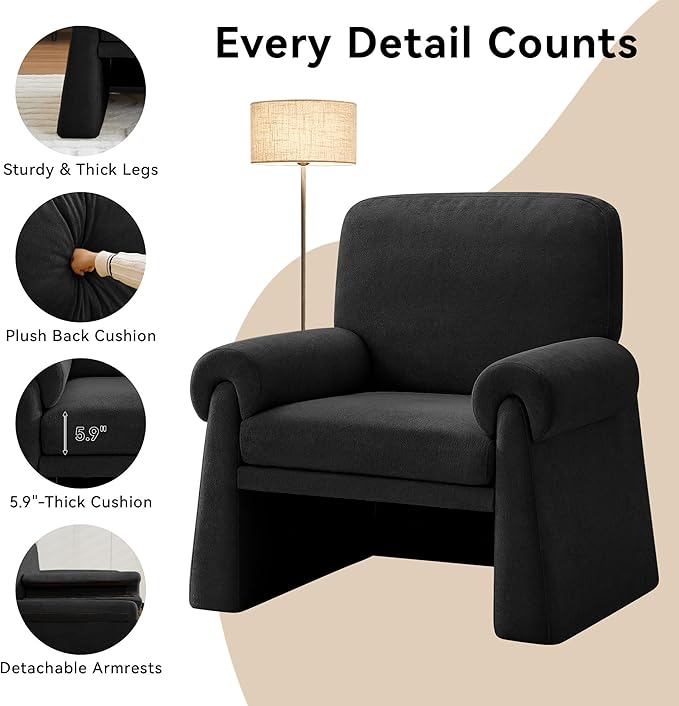 Oversized Accent Chair, Comfy Living Room Chairs, Single Sofa Chair with Thick Cushion and Armrests, Upholstered Arm Chair for Living Room, Modern Armchair, Reading Chair for Bedroom, Black