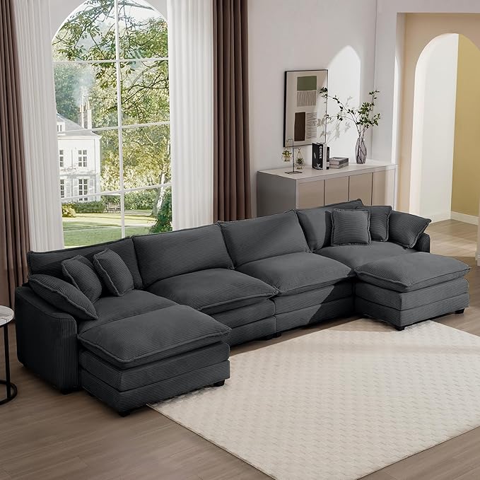 KEIKI 150" U-Shaped Oversized Corduroy Modular Sectional Sofa with 2 Ottoman, High-Density Foam Cushions, Removable Armrests, Upholstered 4-Seater Corner Couch with 6 Pillow, for Living Room, Grey