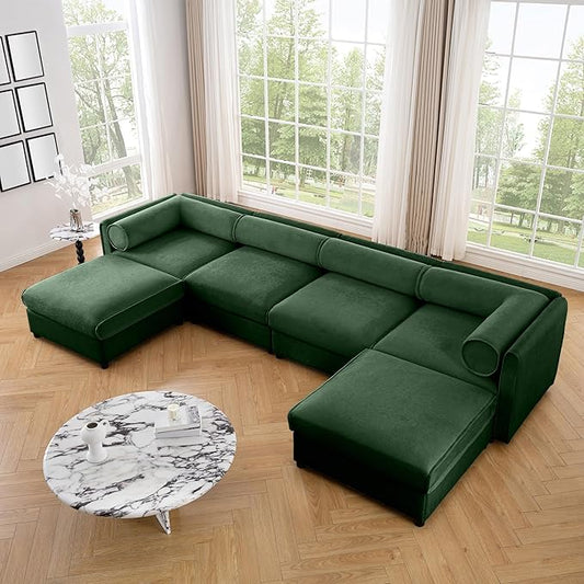 KEIKI 143" U-Shaped Modular Chenille Sectional Sofa with Storage Seat, 2 Ottoman, 4-Seater Couch with Cylindrical Backrest and Armrests, Easy Assembly, for Apartment, Living Room, Green