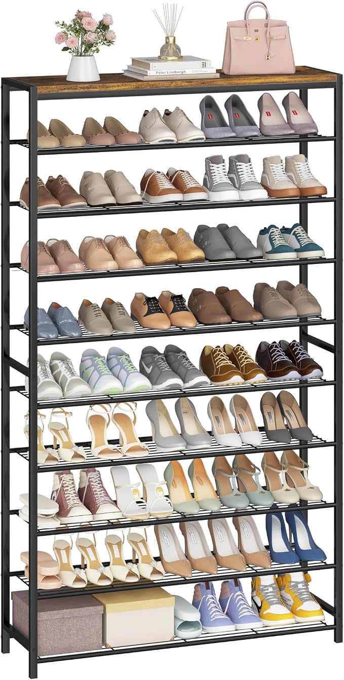HOMEFORT 10 Tiers Shoe Rack Organizer,39.4" Shoe Storage Shelf for Closet, Shoe Rack for Entryway,Holds 45-50 Pairs of Shoe, Tall Shoe Stand with Metal Shelves and MDF Top Board,Rustic Brown by HOMEFORT