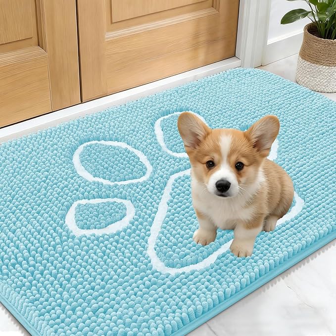 OLANLY Dog Door Mat for Muddy Paws 24x16, Paw Print Design, Absorbs Moisture and Dirt, Absorbent Non-Slip Washable Doormat, Quick Dry Chenille Mud Mat for Dogs, Entry Indoor Entryway Carpet, Blue by OLANLY