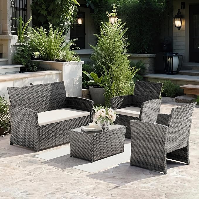 4 Piece Outdoor Patio Furniture Set, All-Weather Wicker Conversation Sets Include Coffee Table, Armchair, Loveseat, Sectional Furniture for Indoor Outdoor Backyard Pool Garden (Gray & Beige)