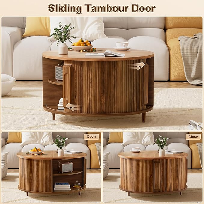 Round Lift Top Coffee Table, 31.5" Fluted Wood Accent Coffee Table with 180° Curved Sliding Door, Hidden Storage, Mid Century Modern Center Table for Living Room Office Small Spaces, Walnut