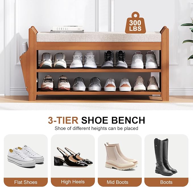 PETKABOO 31.5" Shoe Bench with Coat Rack Hidden Drawer and Side Holder, 2 Tier Entryway Bench with Storage 39.4 in, Bamboo Shoe Rack with Cushion for Entryway Hallway Living Room Bedroom - Image 5