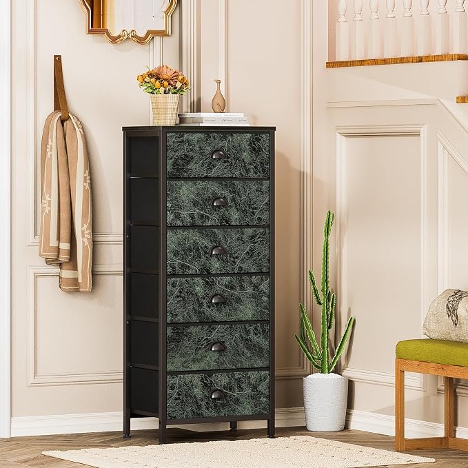 Furnulem Vertical Dresser for Bedroom,Tall Storage Tower Unit and Chest with 6 Drawers,Vintage Green Nightstand Furniture with Fabric Drawer Organizer in Dorm, Living Room,Closet,Entryway,Hallyway - Image 9