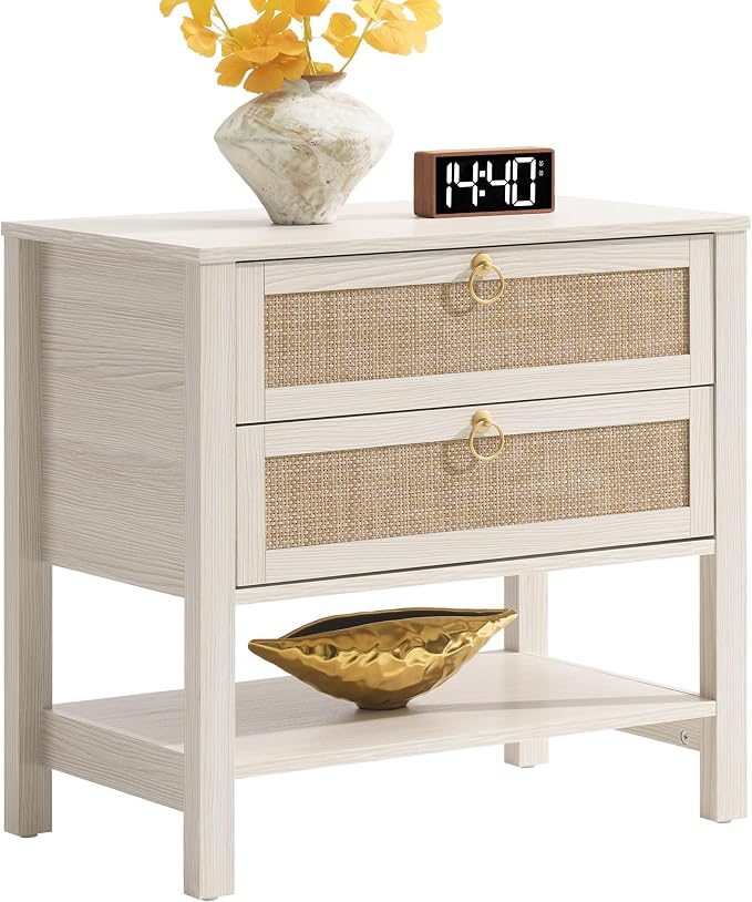 SICOTAS 26.7" Wide Boho Rattan Nightstand, White Oak Bedside Table with 2 Drawers & Open Shelf, Large Side Table for King Size Bed, Modern Coastal Accent Table for Bedroom - Image 9