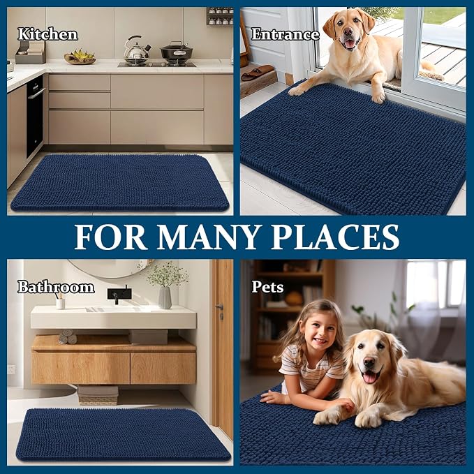 OLANLY Dog Door Mat for Muddy Paws 47x20, Absorbs Moisture and Dirt, Absorbent Non-Slip Washable Doormat, Quick Dry Chenille Mud Mat for Dogs, Entry Indoor Entryway Carpet for Inside Floor, Dark Blue - Image 8