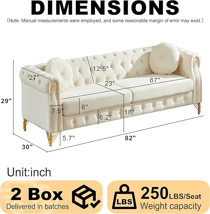 ERYE 82-Inch Button Tufted Sofa Couch with 2 Round Pillows, 3 Seat Velvet Tufted Sofa Spacious Chesterfield Loveseat Couches W/Nailhead Decor,Ring Accent & Golden Legs