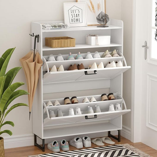 Shoe Cabinet with 2 Flip Drawers, Freestanding Hidden Shoe Storage Organizer for Entryway, Narrow Slim Shoe Rack Cabinet with Open Storage & Hooks for Front Door Entrance, Living Room, Hallway, White by Xixini