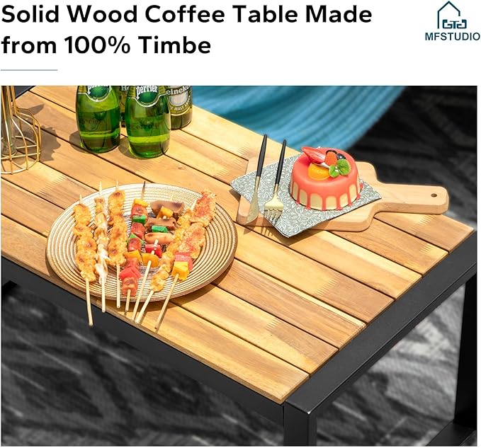 MFSTUDIO 4 Pieces Outdoor Patio Furniture Set, Outdoor Rattan Loveseat Furniture with Wood Table, Loveseat & Chairs, Small Patio Sectional Sofa Set for 4, Red