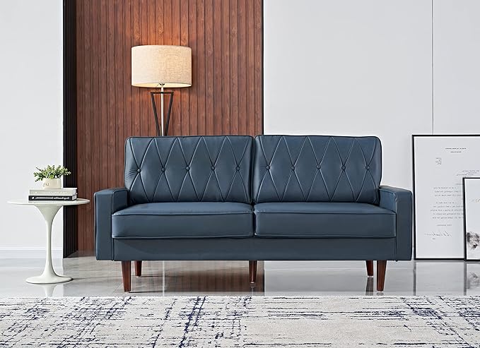 Container Furniture Modern Style Faux Leather Sofa with Elegant Round Tapered Legs and Button Tufted Backrest Perfect for Living Room, Bedroom or Home Office, 69.3’’ Wide, Blue