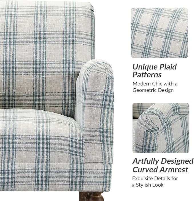 HULALA HOME Modern Accent Chair with Arms and Wooden Legs, Comfy Upholstered Armchair for Living Room, Bedroom (Plaid Pattern, Blue)
