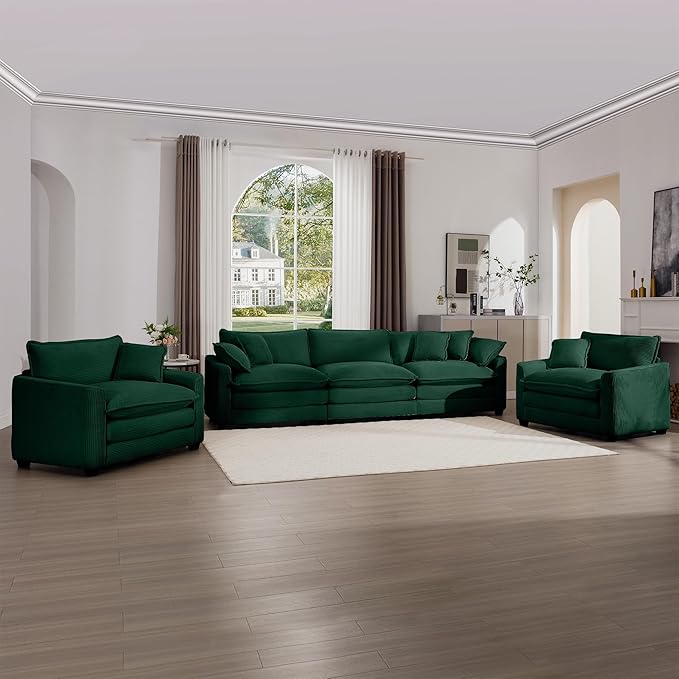 KEIKI 3-Piece Sofa Set with 1 Oversized Corduroy 3-Seater Sofa & 2 Single Sofa, Upholstered 5-Seater Couch Set with 7 Pillow, High-Density Foam Cushions, Removable Armrests, for Living Room, Green