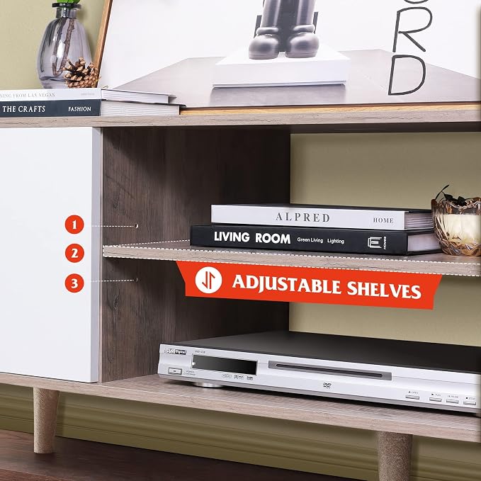 WLIVE Mid-Century Modern TV Stand for 55/60 Inch TV, Entertainment Center with Storage & Adjustable Shelves, Media Console with Soft-Close Cabinets for Living Room/Bedroom, Greige White - Image 5