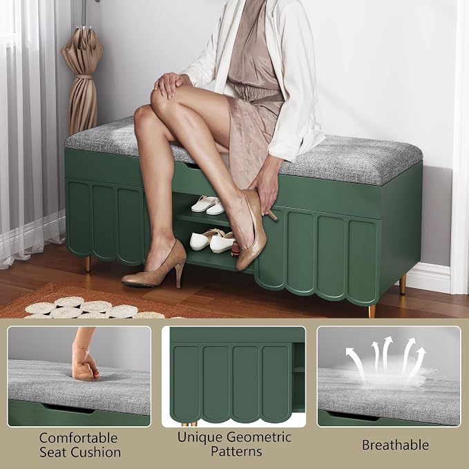 3More 40" Entryway Shoe Storage Bench,Upholstered Hidden Space Beneath Seat Cushion Bench,2-Tier Unique Geometric Shape with Wood Grain,Green - Image 5