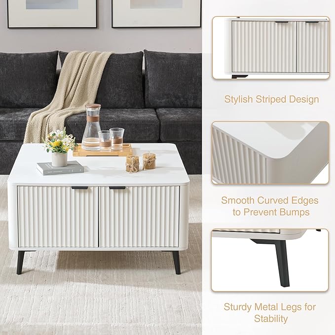 Lift Top Coffee Table with Storage, 35.4" Wide Square White Coffee Table with Large Hidden Compartment, Mid Century Modern Fluted Center Table for Home Living Room