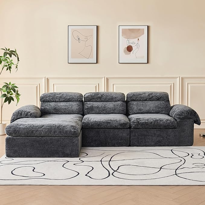 115.7" L Shaped Modular Sectional Sofa with Ottoman, Cloud Boneless Couch, Upholstered Sofa in a Box, Flexible Module Combination for Living Room, No Assembly, Grey