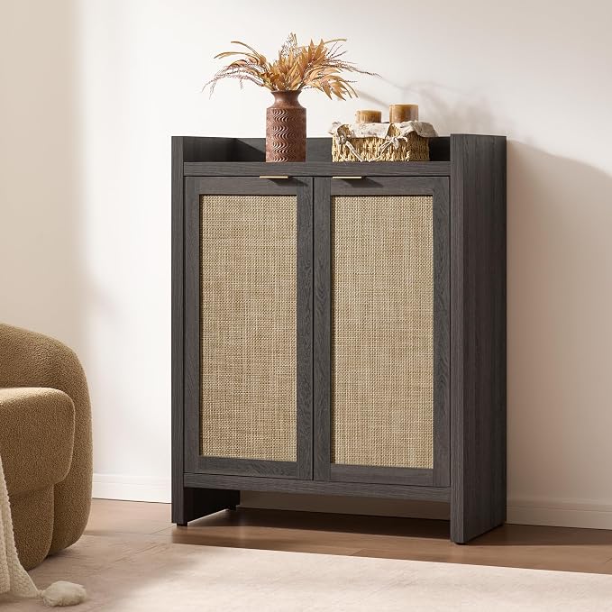 SICOTAS 41" Tall Shoe Cabinet, 24 Pair Shoe Storage Cabinet with Doors and 6-Tier Shelves, Rattan Shoe Cabinet Storage for Entryway, Farmhouse Boho Wooden Cabinet for Hallway, Black Oak - Image 8