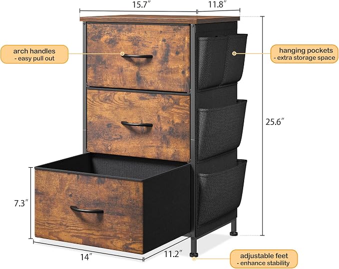 Night Stand Set 2,Night Stand with Drawers for Bedroom,Bedside Table with Wooden Top,Sturdy Steel Frame End Table,Dorm Small Nightstand for Bedroom,Entryway,Hallway,Cloth Bags,Hooks,Rustic Brown - Image 3