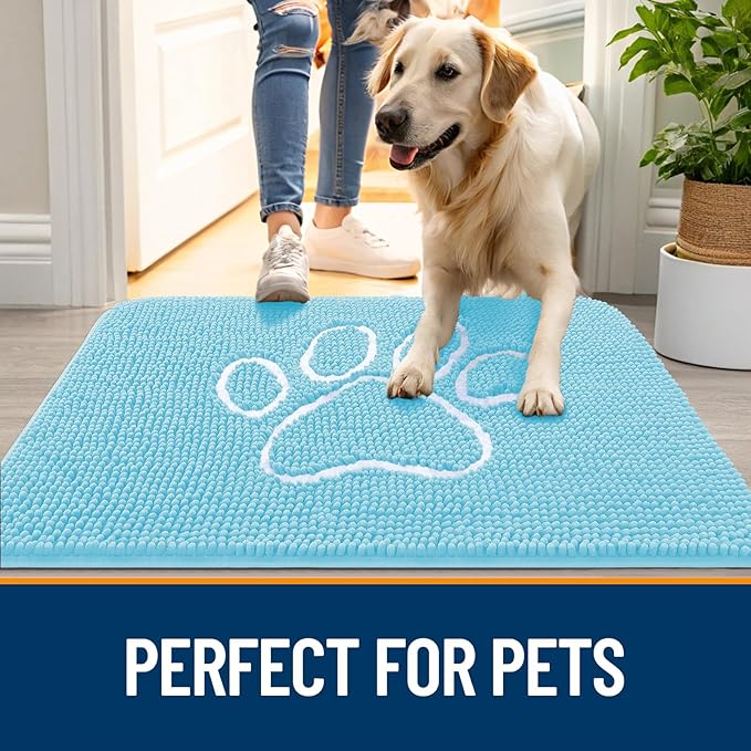 OLANLY Dog Door Mat for Muddy Paws 40x32, Paw Print Design, Absorbs Moisture and Dirt, Absorbent Non-Slip Washable Doormat, Quick Dry Chenille Mud Mat for Dogs, Entry Indoor Entryway Carpet, Blue - Image 6