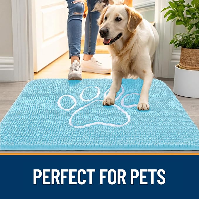 OLANLY Dog Door Mat for Muddy Paws 24x16, Paw Print Design, Absorbs Moisture and Dirt, Absorbent Non-Slip Washable Doormat, Quick Dry Chenille Mud Mat for Dogs, Entry Indoor Entryway Carpet, Blue - Image 6