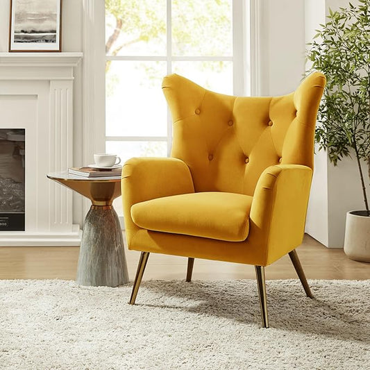 HULALA HOME Velvet Accent Chair, Modern Wingback Arm Chair with Metal Gold Legs, Velvet Tufted Upholstered Single Sofa Chair for Living Room Bedroom (Mustard)