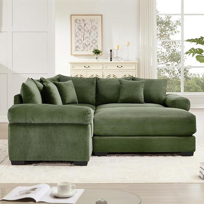 KEIKI 79" L-Shaped Oversized Corduroy Modular Cloud Sectional Sofa with 1 Ottoman, High-Density Foam Cushion, Extra-Thick Armrest, 3-Seater Fluffy Corner Couch with 10 Pillow, for Living Room, Green