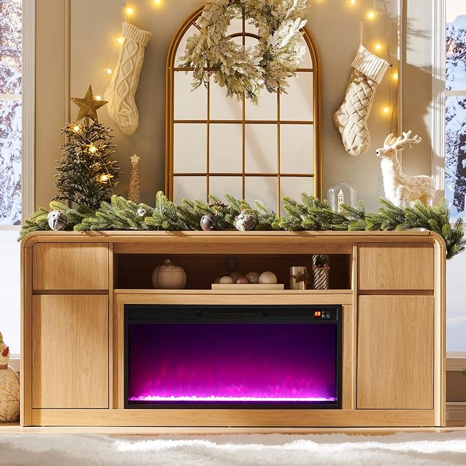 Modern Fireplace TV Stand with 36"LED Electric Fireplace for 80 inch TVs, 32"Tall Entertainment Center w/Drawers &Adjustable Shelves, Wood Media Console w/Curved Profile Design for Living Room,Natural - Image 3