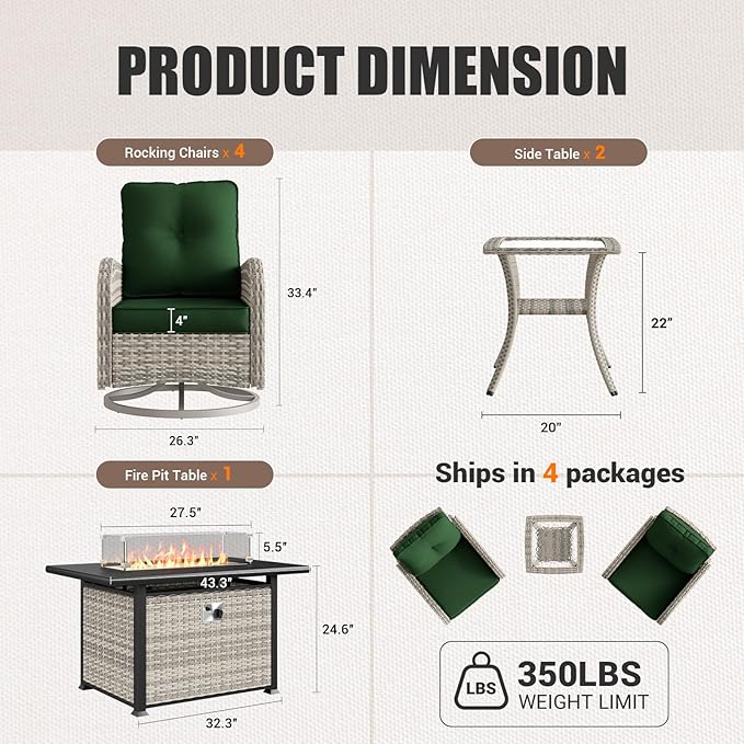 7Pcs Patio Rocking Swivel Chair with 55,000 BTU Fire Pit Table Outdoor Wicker Rattan Bistro Set with Tempered Glass Side Table, Outdoor Patio Furniture Set for Garden and Balcony, Green