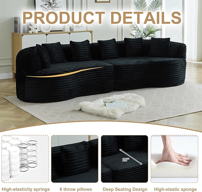 106-Inch Curved Boneless Sofa Couches Compressed 4-Seat Foam Couch for Living Room Bedroom, Boneless Modular Cloud Sofa Curved Floor Couch with 6 Pillows, No Assembly